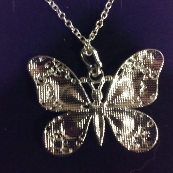 Silver Butterfly Necklace Orange Yellow and Many Rhinestones 15" L 2" Across New - Picture 3 of 4
